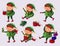 Christmas little Elf with gift presents. Set of cute elves in green costume. Cute elves Santa Claus helpers. Vector