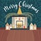 Christmas living room with fireplace, wood floor, patterned wallpaper and Merry Christmas text.Fireplace with a golden