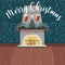 Christmas living room with fireplace, wood floor, patterned wallpaper and Merry Christmas text.Fireplace with socks