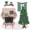 Christmas living room interior in boho style. Lounge with sofa, retro TV, coffee table, christmas tree. Cartoon hand drawn