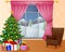 Christmas living room interior with xmas tree, presents and sofa