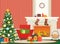 Christmas livingroom flat interior vector illustration. Christmas New Year tree, red armchair and fireplace with socks