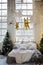 Christmas loft bedroom with decorations and lights