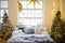 Christmas loft bedroom with decorations and lights