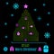 Christmas logistics card. Neon Schematic christmas tree on black background. Pink blue green flat icon. From point A to