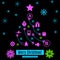 Christmas logistics card. Neon Schematic christmas tree on black background. Pink blue green flat icons