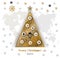 Christmas logistics card. Schematic christmas tree on schematic world map. Flat gold black icons on white background