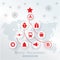 Christmas logistics card. Schematic christmas tree on schematic world map. Red icons on white grey background.