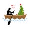 Christmas Lover. Man and Christmas tree ride in boat. Lovers of
