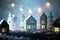 Christmas magic background with little decorative houses, beautiful festive still life, cute small houses at night, happy winter h