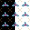 Christmas magic grid seamless pattern. Traditional omela plant, stars in blue, pink, yellow. White, black easy editable