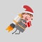 Christmas mailman holding a gift flying on rocket . 3D