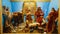 Christmas Manger scene with figurines including Jesus, Mary, Joseph, sheep and magi. Nativity scene with hand-colored figures made