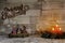 Christmas Manger scene and three burn candles