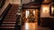 Christmas at the manor, grand entrance hall with staircase and Christmas tree, English countryside decoration and