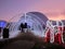 Christmas market in Montreux, Switzerland, at sunset with a beau