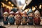 Christmas market with traditional wooden dolls on festive lights background