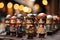 Christmas market with traditional wooden dolls on festive lights background