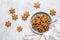 Christmas, X-mas or New Year baking culinary background. Xmas festive holiday gingerbread cookies snowflakes on kitchen table