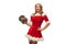 Christmas, x-mas, winter, happiness concept - Bodybuilding. Strong fit woman exercising with dumbbells in santa helper