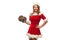 Christmas, x-mas, winter, happiness concept - Bodybuilding. Strong fit woman exercising with dumbbells in santa helper