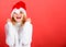 Christmas masquerade or karnival concept. Girl cheerful face celebrate christmas. Woman celebrate winter holiday