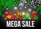 Christmas mega sale banner with gift bow and fir branch.