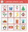 Christmas memory game cards with traditional holiday symbols. Matching activity with funny characters. Remember and find correct