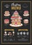 Christmas menu design with sweet gingerbread house, coffee and cupcakes