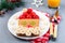Christmas menu for kids with Santa sandwich made from toast, peanut butter, strawberry, banana, grape and apple, horizontal