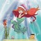 Christmas mermaid with a pink Christmas hat in a underwater cartoon illustration