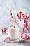 Christmas milk for Santa in bottle with straw and peppermint candy cane. Christmas holiday party drink