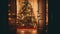 Christmas Miracle atmosphere in night Living room with decorated Christmas tree, view from open doors. Cozy christmas atmosphere