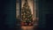 Christmas Miracle atmosphere in night Living room with decorated Christmas tree, view from open doors. Cozy christmas atmosphere