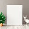 Christmas mock up interior with big white empty picture frame, fir tree and decoration