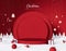 Christmas mockup stage with platform for product presentation. Christmas banner with gift box and decoration on red background.