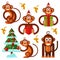 Christmas monkeys icons set