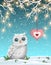 Christmas motive, cute white owl sitting under dry branch with electric lights in winter landscape, illustration