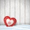 Christmas motive in scandinavian style, red and white decorated hearts in front of bright wooden wall, illustration
