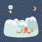 Christmas mountains. Christmas alpes. Winter landscape at night. Village on hill. Winter scene concept. Vector.