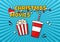 Christmas movies comic vector striped background. Cinema poster with popcorn and soda. Holiday film night. Santa Claus hat. Winter