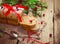 Christmas muffin with fresh cranberries on a wooden background,