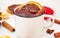 Christmas mulled wine. Merry Christmas. a cup mulled wine with cinnamon and anise, top view. Selective focus