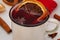 Christmas mulled wine. Merry Christmas. a cup mulled wine with cinnamon and anise, top view. Selective focus