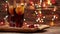 Christmas mulled wine red in a glass with stick of cinnamon and a piece of orange on a background of twinkling lights