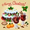 Christmas mulled wine with spices, mandarines, christmas cake.