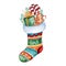 Christmas multicolored sock with gift,candy and other decorations.Watercolor holiday illustration.Perfect for your Christmas and N