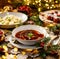Christmas mushroom soup, a traditional vegetarian  mushroom soup made with dried forest mushrooms in a ceramik plate on a festive