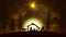 Christmas Nativity Scene animation with real animals and trees on starry sky on golden bg