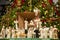 Christmas nativity scene with blurred Chrstmas tree in background